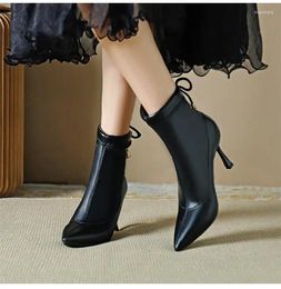 Boots Size 32-43 Autumn And Spring Pu Leather Stretch Ankle Pointed Toe Stiletto High Heels Short White Black