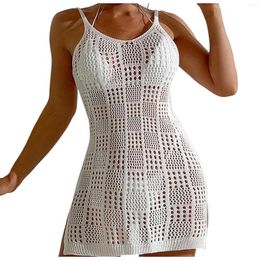 Casual Dresses Border Vacation Women's Short Fashionable Round Neck Plaid Texture Hollow See Through Thin Suspenders Sexy Dress