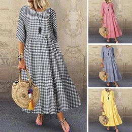 Casual Dresses Plaid Print Dress Stylish Cheque Maxi For Women A-line Silhouette Short Sleeves Pleated Design Commuting Dating