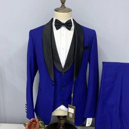 Men's Suits Set Dark Blue Suit Black Lapel Classic Single Breasted Party Wedding Three Piece (Jacket Pants Vest)