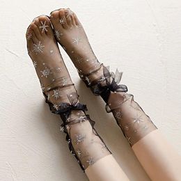 Women Socks Summer Ultra-Thin Tulle Short Transparent Mesh Bow Glass Silk Fashion Breathable Elastic Mid Tube Soft