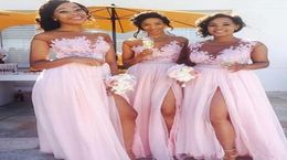 Africa Country Bridesmaid Dresses 2020 A line Side Split Cap Sleeve Appliques Pink Garden Wedding Guest Gowns Maid Of Honour Dress 9390635