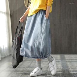 Skirts Spring Autumn Arts Style Women Elastic Waist Loose A-line Skirt All-matched Casual Cotton Denim Vintage Blue Long C689