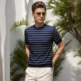 Men's Sweaters High Grade Mulberry Silk Knitwear 2024 Summer Casual Stripes Lyocell Knit Tees O-Neck Knitting Tops Thin Sweater Shirts