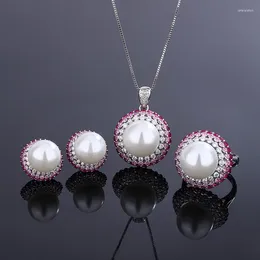 Necklace Earrings Set Three-Layer Mirco Paved Zircon Round White Shell Pearl Pendant Stud Adjustable Ring Jewelry