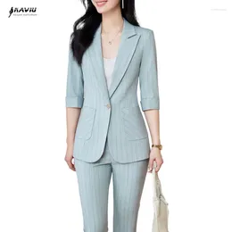 Women's Two Piece Pants NAVIU Blue Stripe Suits Sets 2024 Spring Summer Professional Half Sleeve Blazer And FLARE Office Ladies Work Wear