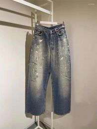 Women's Jeans Women Distressed Straight Loose Wide Leg Spring 2024 Splash Ink Printed Graffiti Female Long Denim Pants