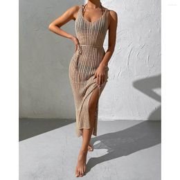 Casual Dresses Summer Women Back Cross Sundresses Beach Outfit Vacation V Neck Tropical Resort Hawaiian Loose Knitted Long Dress