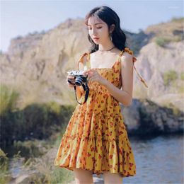 Casual Dresses TingYiLi Floral Print Yellow Dress Women Summer Holiday Beach Boho Korean Cute Sleeveless Ruffle Short