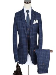 Brand Quality Suit Men Slim Fit Plaid Suits For Work Blue Burgundy Tuxedo Jacket Mens 3 Piece Grey Wedding Dress Men039s Blaz1322785