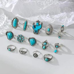 Cluster Rings Long-lasting Bohemia Vintage Bohemian Adjustable Ring Set With Cactus Sun Shape Faux Turquoise Knuckle For Her