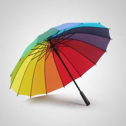 Rainbow Umbrella Long Handle 16K Straight Windproof Colorful Pongee Umbrellas Women Men Sunny Rainy SN29235713158