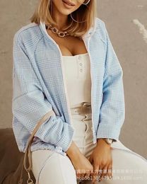 Women's Jackets Fashion Coat Women Fall/Winter 2024 Blue Checked Zip Up Jacket For