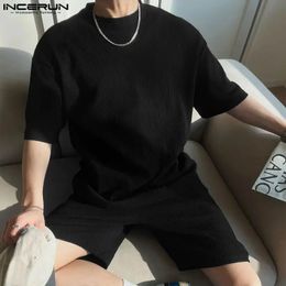 INCERUN Korean Style Handsome Men Sets Casual Short Sleeved Tshirts Shorts Stylish Male Striped Solid Twopiece S5XL 240430