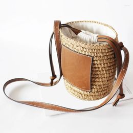 Evening Bags Women Casual Straw Woven Cylinder Bag Lady Vocation Drawstring Cover Bucket Shoulder Female Summer Outdoor Shopping Handbags