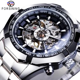 Forsining Stainless Steel Waterproof Mens Skeleton Watches Top Brand Luxury Transparent Mechanical Sport Male Wrist Watches234Y