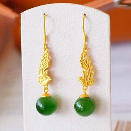 Dangle Earrings S925 Sterling Silver Jasper Phoenix Inlaid Natural Hetian Jade Green Elegant Lady Geometric Ear Studs