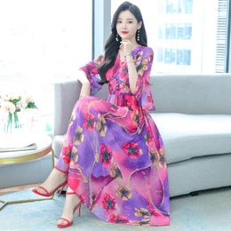 Party Dresses Floral Chiffon Flare Sleeve Boho Beach Long Dress Women Casual Evening Ladies Summer Elegant Maxi Vestidos