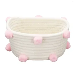 Jewellery Pouches Cotton Woven Storage Basket Cute Pompom Decor Sundries Finishing Box Nordic Cosmetic Toys Organiser Frame Pink S