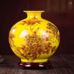 Vases Style Home Vase Rose Yellow Crystal Jingdezhen Decor Shining Flower Chinese Handmade Famille Glaze