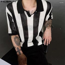 Men's Casual Shirts INCERUN Tops 2024 Korean Style Men Striped Hollowed Knitted Well Fitting Male Short Sleeved Lapel Blouse S-5XL