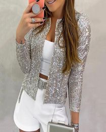 Women Fashion Sequin Glitter Jacket Long Sleeve Short Coats Elegant Autumn Outwear Office Ladies Solid Streetwear4067474