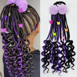 Hair Accessories 2pcs/ Kids Knotless Braids With Butterfly Clips And Furry Ball Highlight Purple Colour 14inch Box Curly Ends