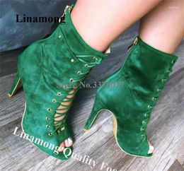 Boots Linamong Est Peep Toe Suede Stiletto Heel Short Gladiator Green Blue Lace-up High Ankle Booties Club Dress Shoes