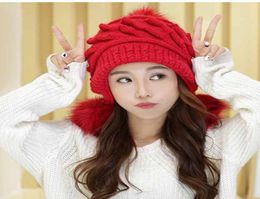 Winter Pompom Rabbit Fur Hats For Women Ladies Ear Protection Knitted Beanie Cap Thick Warm Ski Bonnet Hat6869272