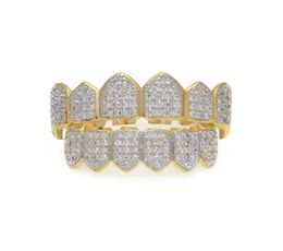 NEW Diamond Grills 18KT Gold Plated Fully Iced Out Micro Pave CZ Top and Bottom Face Mouth Grills for Vampire teeth Cosplay Hip Ho6481114