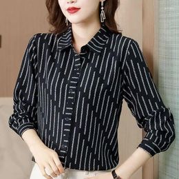 Women's Blouses Spring And Autumn Fashion Commuter Polo Neck Striped Button Casual Versatile Long Sleeved Loose Chiffon Shirt Tops