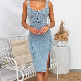 Summer U Neck Halter Denim For Womens Dresses Fashion Slim Fit Wrap Hip Retro Female Party Sexy Split Sleeveless 240424