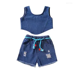 Clothing Sets Kids Children Girls Short Summer Clothes Outfit Zipper Jeans Tank Tops And Elastic Ripped Denim Shorts 2-Piece Set