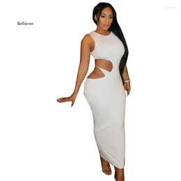 Casual Dresses Women Sexy Sleeveless O Neck Long Dress Irregular Hollow Out Summer Bodycon Slim Maxi Solid Clothes Fashion