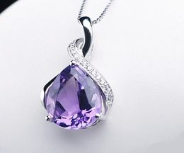 Trendy Silver Plated Water Drop Blue Crystal Pendant Link Chain Necklace for Women Amethysts Jewelry4869045