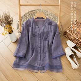 Women's Blouses Mesh Embroidered Shirt Summer Fashion V Neck Solid Colour Long Sleeved Loose Top Retro Japanese Single Breasted Y2K