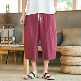 Men's Shorts Chinese Style Summer Men Linen Pants 2024 Wide Leg Trousers Male Drop Crotch HipHop Man Joggers Calf-Length Track Pant