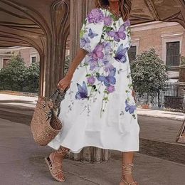 Casual Dresses Summer Women Dress Digital Floral Print Bubble Sleeve Loose Mid-calf Length Vacation Midi