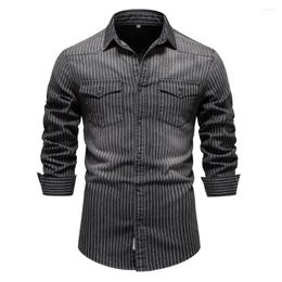 Men's Casual Shirts Cotton Mens Denim Striped Stretch Long Sleeve High Quality Jeans For Men Slim Cowboy Shirt Chemise Homme