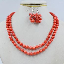 Necklace Earrings Set 2 Rows 8MM Natural Coral Earring