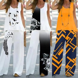 Casual Sleeveless Print Tank And Pant Set 2024 Summer Boho Oneck Top 2 Piece Outfit Elegant White Pants Suits 240419