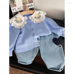 Clothing Sets Children's Flower Embroidery Fashion Lapel Cardigan Coat Girls Pure Cotton Texture Casual Loose Jeans 2024 Spring Cute Set