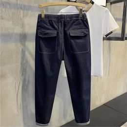 Men's Jeans Slim Fit With Pockets Skinny Cropped Man Cowboy Pants Trousers Tight Pipe Clothing Korean Style Nylon Casual