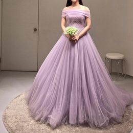 Elegant Long Lavender Tulle Bateau Neck Prom Dresses A-Line Sleeveless Pleated Sweep Train Lace Up Back Prom Dresses for Women