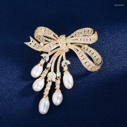 Brooches OKILY Inlaid Bow Brooch Pin Freshwater Pearl Tassel Bowknot Broochpins For Women's Sweater Jacket Suit Accessories