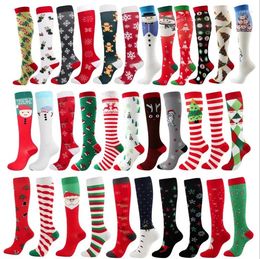 Women Socks 3 Pairs Christmas Compression Men Snowman Elk Santa Tree Xmas Pattern Compress Knee-high Stocks