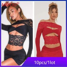 Work Dresses 10pcs Wholesale Items For Boutique Summer Dress Sets Women Y2k Clothes Sexy Mesh Long Sleeve Cut Out Tops Hip Skirts M13560