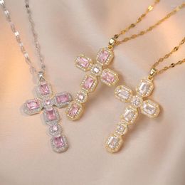 Pendant Necklaces Luxury Big Cross Clavicle For Women Silver Gold Colour Square Pink White Zircon Choker Valentine Jewellery Gifts