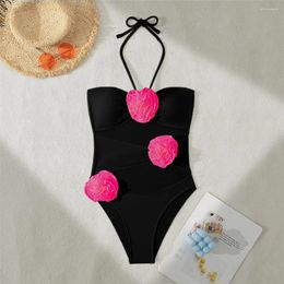 Women's Swimwear 3D Flower Halter Black One Piece Sexy Swimsuit Women 2024 Summer Hollow Out Monokini Bathing Suit Beach Swimming Wear