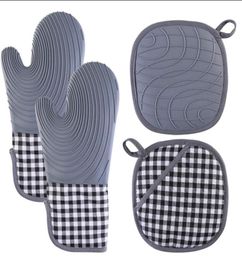 Pads Silicone Oven Mitts and Pot Holders Sets with Quilted Liner Heat Resistant Kitchen Mitt Waterproof Flexible Gloves for Co9418963